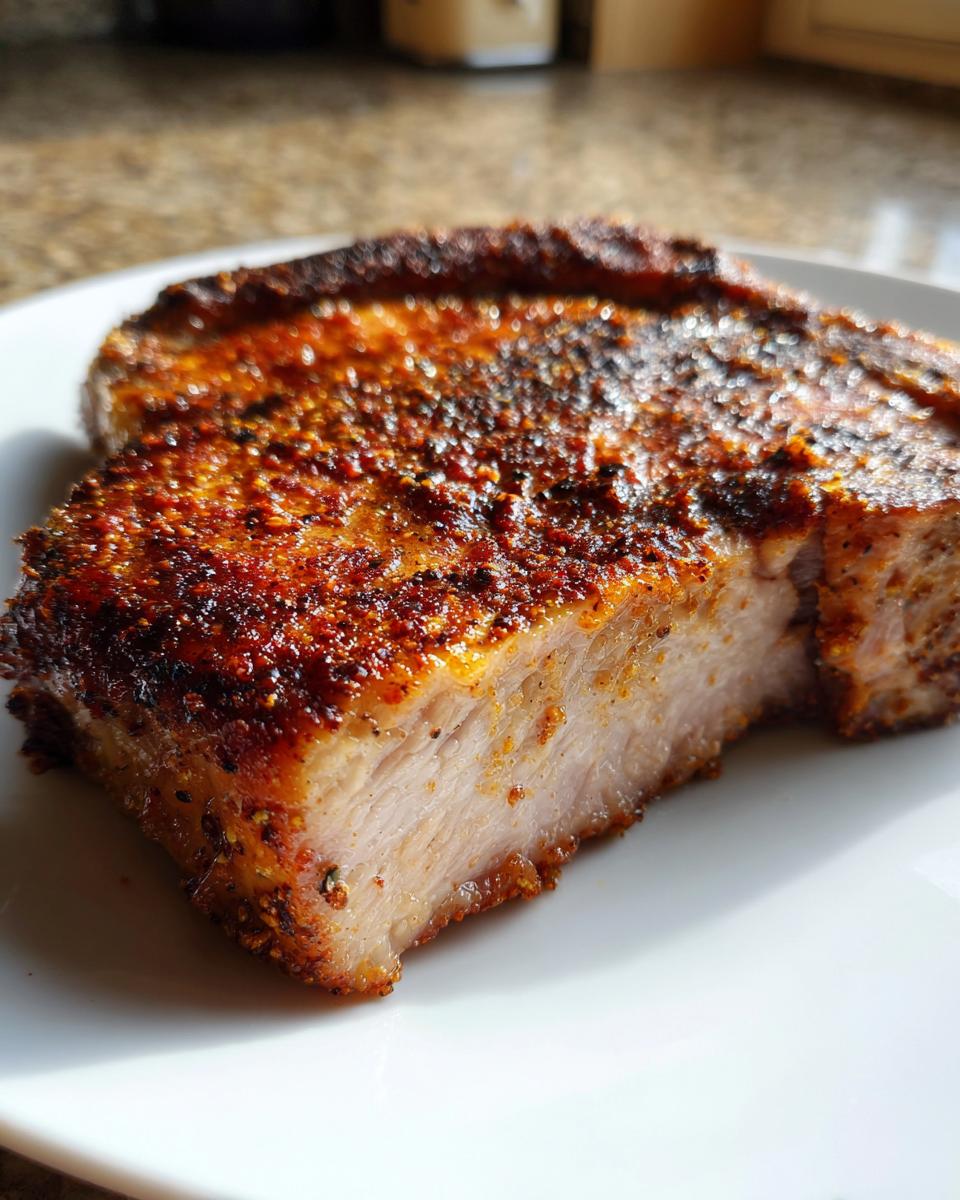 Close-up of a thick, juicy baked pork chop showing a perfectly seared, seasoned crust and tender interior.