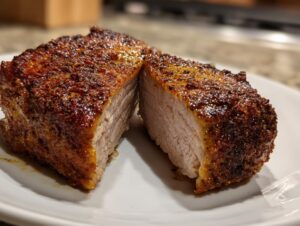 Close-up of juicy baked pork chops, cut in half to show the perfectly cooked, moist interior and seasoned crust.