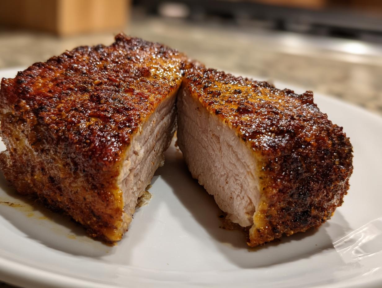Close-up of juicy baked pork chops, cut in half to show the perfectly cooked, moist interior and seasoned crust.
