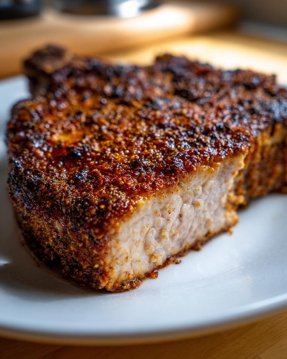 Close-up of a thick, juicy baked pork chop showing the perfectly seasoned, dark brown crust and tender interior.