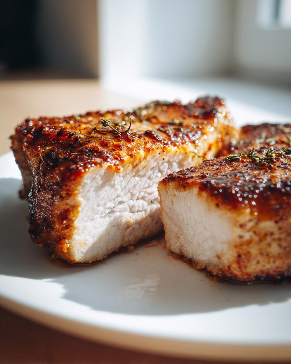 Close-up of juicy baked pork chops oven boneless, showing the perfectly cooked white interior and caramelized crust.