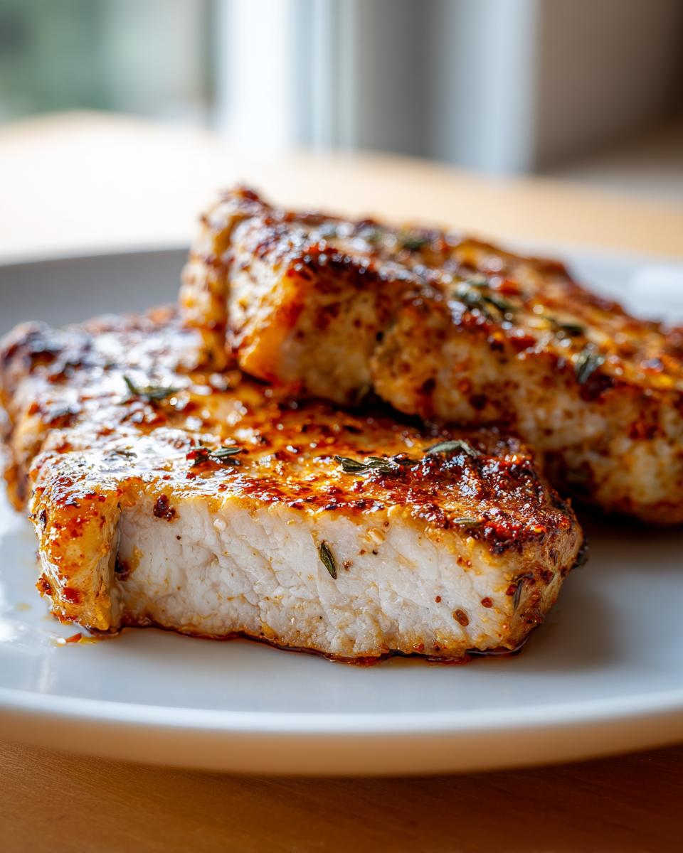 Close-up of a perfectly cooked, juicy baked pork chops oven boneless, showing a tender white interior and seasoned crust.