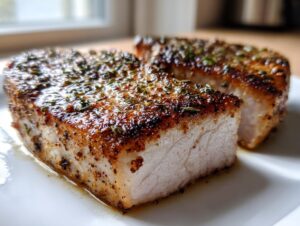 Close-up of two thick, juicy baked pork chops oven boneless, seasoned with herbs and spices.