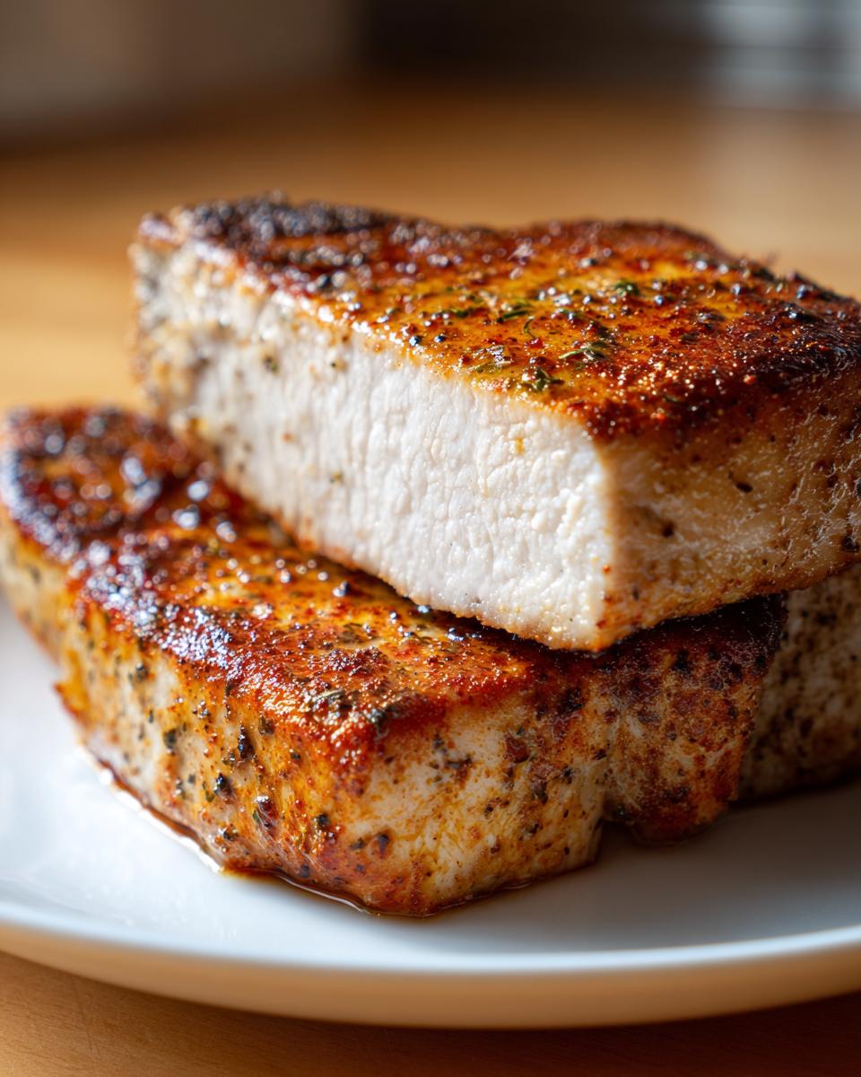 Close-up of two juicy baked pork chops oven boneless stacked, showing the perfectly cooked white interior and seasoned crust.