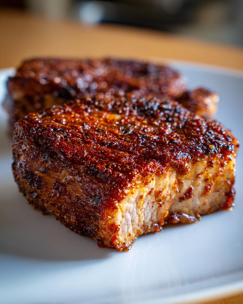 Close-up of a thick, juicy baked pork chop with a dark, flavorful spice rub crust.