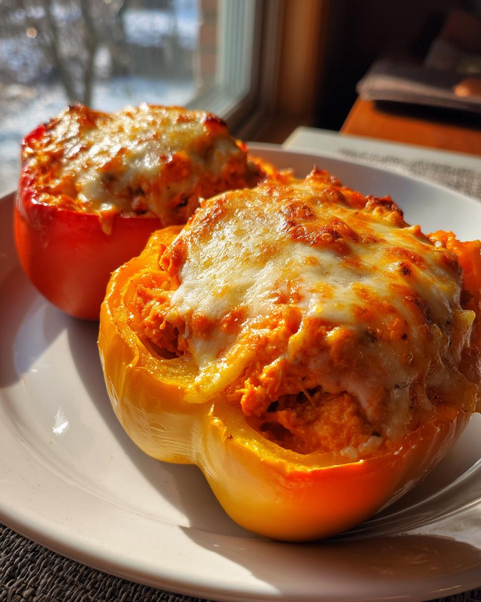 Two keto buffalo chicken stuffed peppers, one yellow and one red, topped with melted, bubbly cheese.