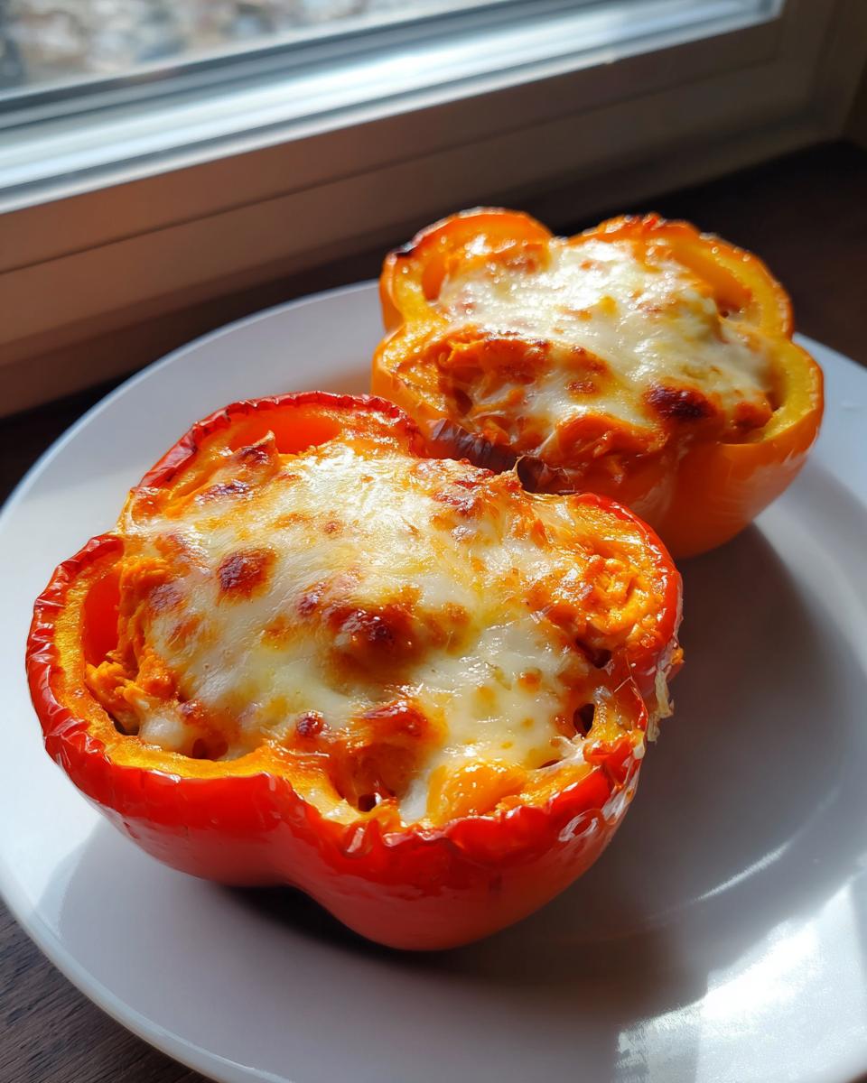 Two bright orange and red keto buffalo chicken stuffed peppers topped with melted, browned cheese.