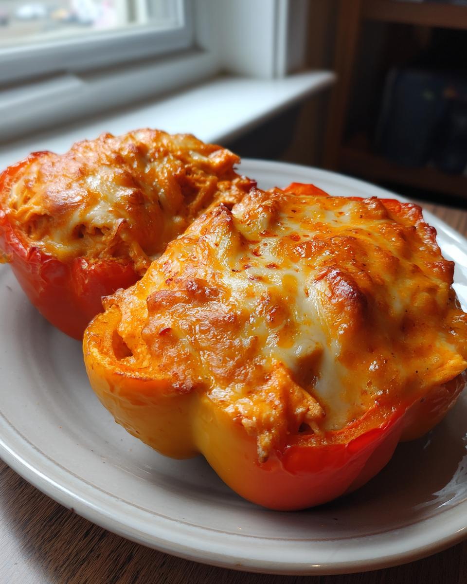 Two halves of keto buffalo chicken stuffed peppers topped with melted, golden-brown cheese, served on a light plate.