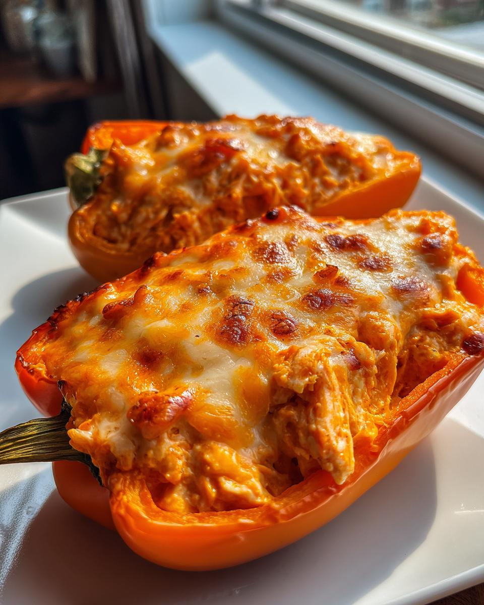 Two halves of orange bell peppers filled with creamy keto buffalo chicken and topped with melted, browned cheese.