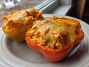 Two baked keto buffalo chicken stuffed peppers, one red and one yellow, topped with melted cheese, served on a white plate.