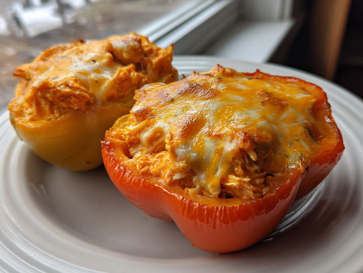 Two baked keto buffalo chicken stuffed peppers, one red and one yellow, topped with melted cheese, served on a white plate.