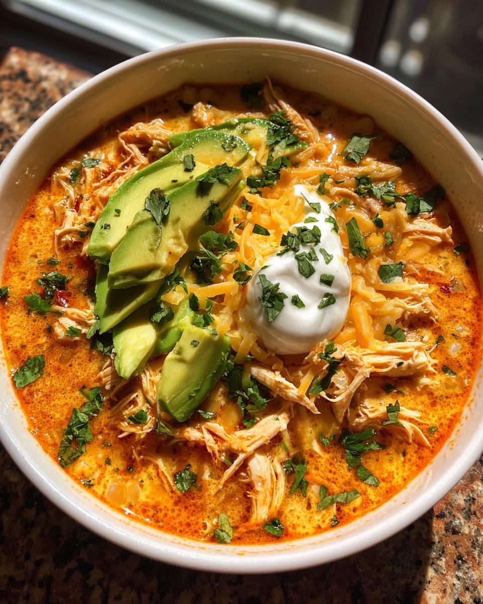 Close-up of a rich, creamy keto chicken taco soup topped with avocado slices, shredded cheese, sour cream, and cilantro.