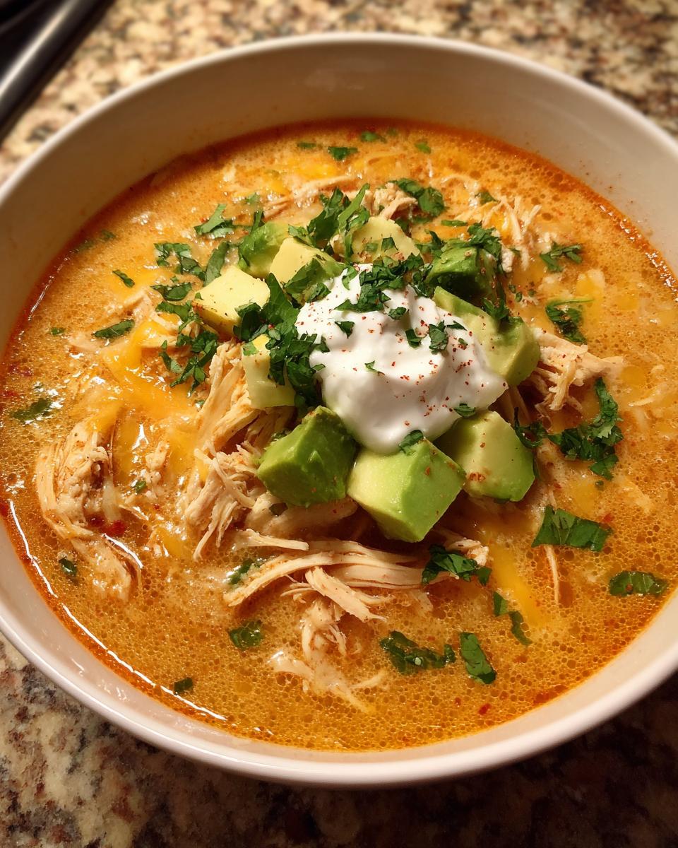 Close-up of a rich, orange-colored keto chicken taco soup topped with shredded chicken, avocado, sour cream, and cilantro.