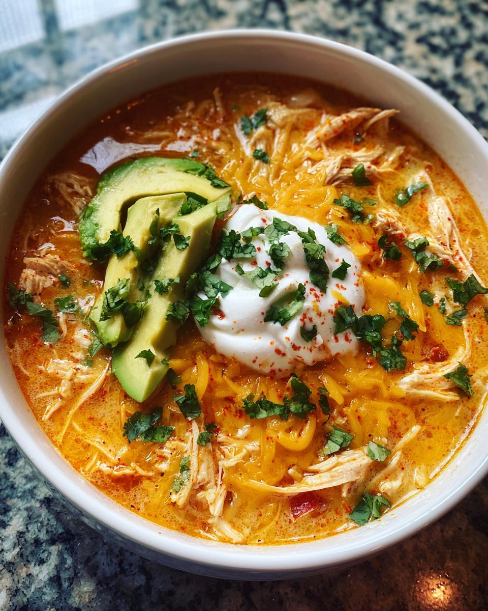 Close-up of a bowl of rich, orange keto chicken taco soup topped with shredded cheese, sour cream, avocado, and cilantro.