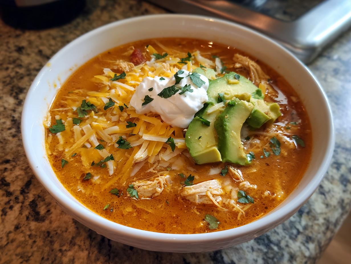 Close-up of a bowl of rich, orange keto chicken taco soup topped with shredded cheese, sour cream, avocado, and cilantro.