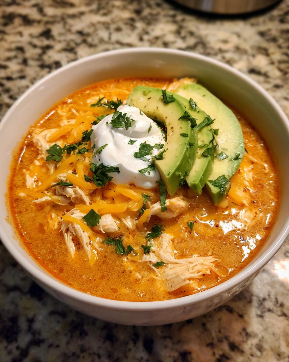 A close-up of creamy keto chicken taco soup topped with shredded cheese, sour cream, avocado slices, and cilantro.