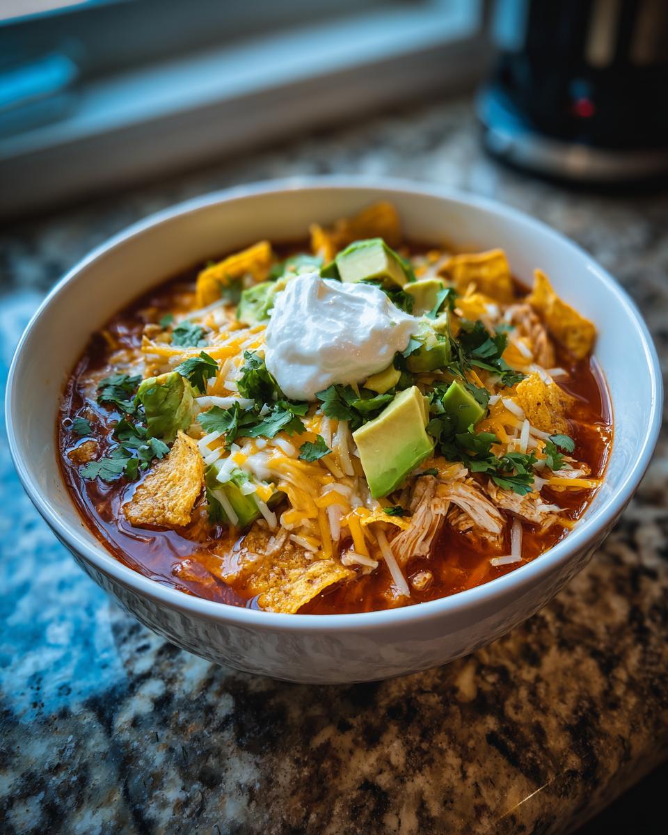 A close-up of a bowl of keto chicken tortilla soup topped with cheese, avocado, sour cream, and keto chips.