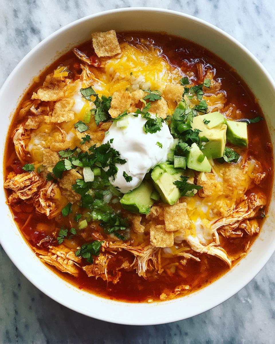 Overhead view of a rich bowl of keto chicken tortilla soup topped with sour cream, avocado, and cheese.
