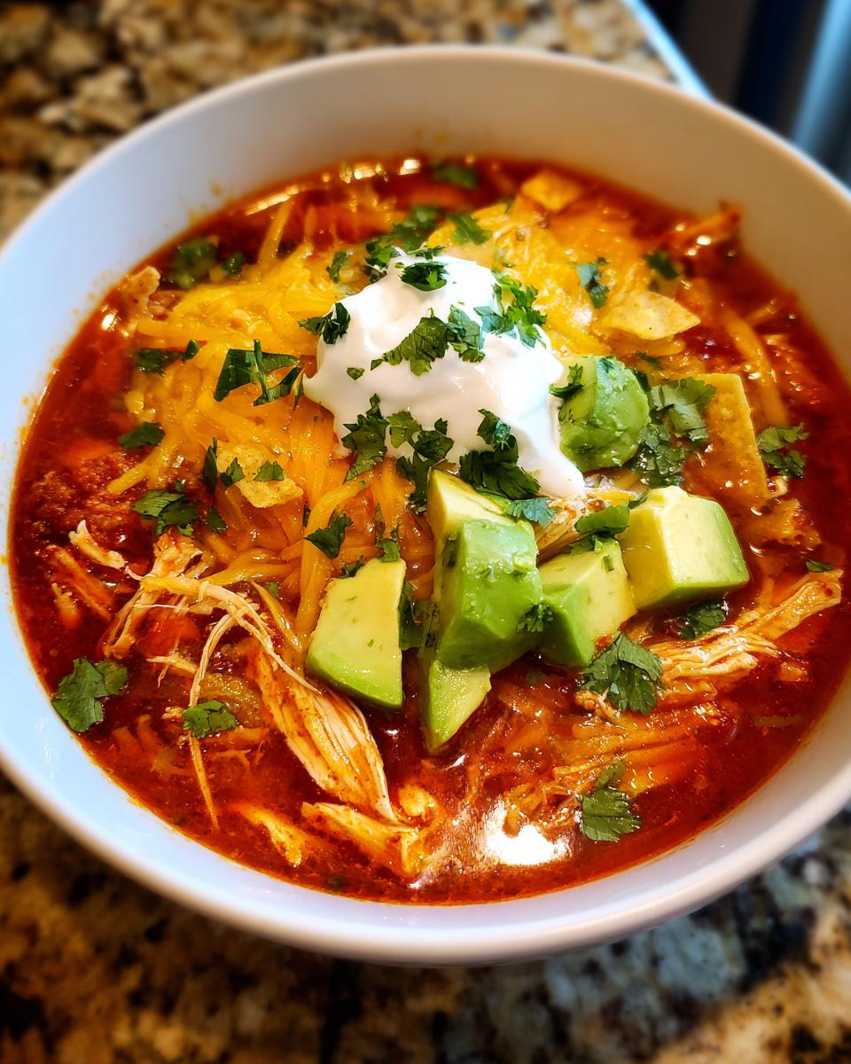 Close-up of a bowl of rich, red keto chicken tortilla soup topped with shredded cheese, sour cream, avocado, and cilantro.