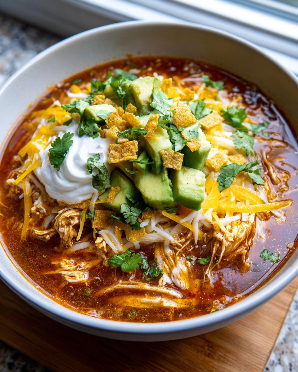 Close-up of a hearty bowl of keto chicken tortilla soup topped with sour cream, avocado, cheese, and cilantro.