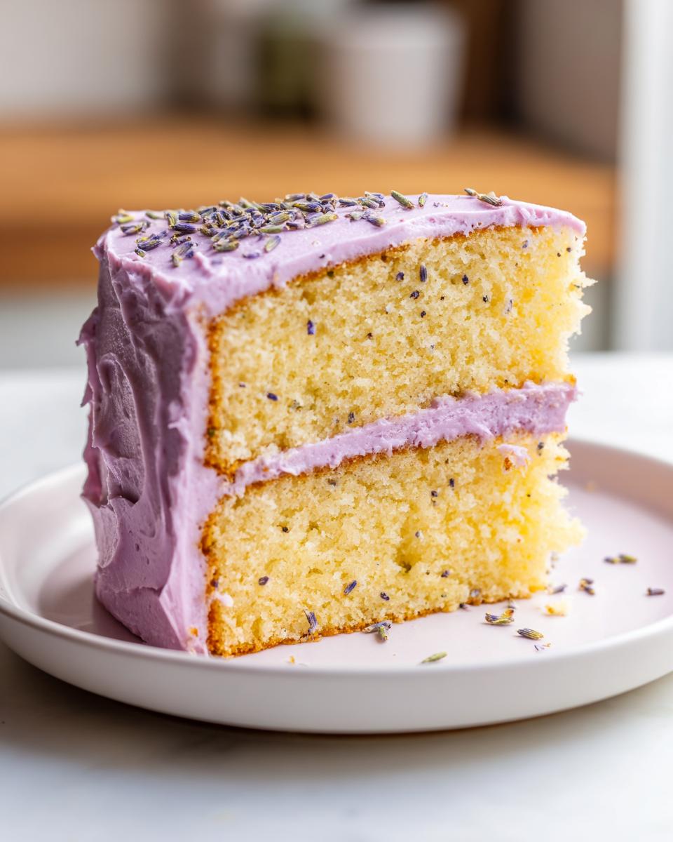 Close-up of a slice of two-layer lavender cake with light purple frosting, topped with dried lavender buds.