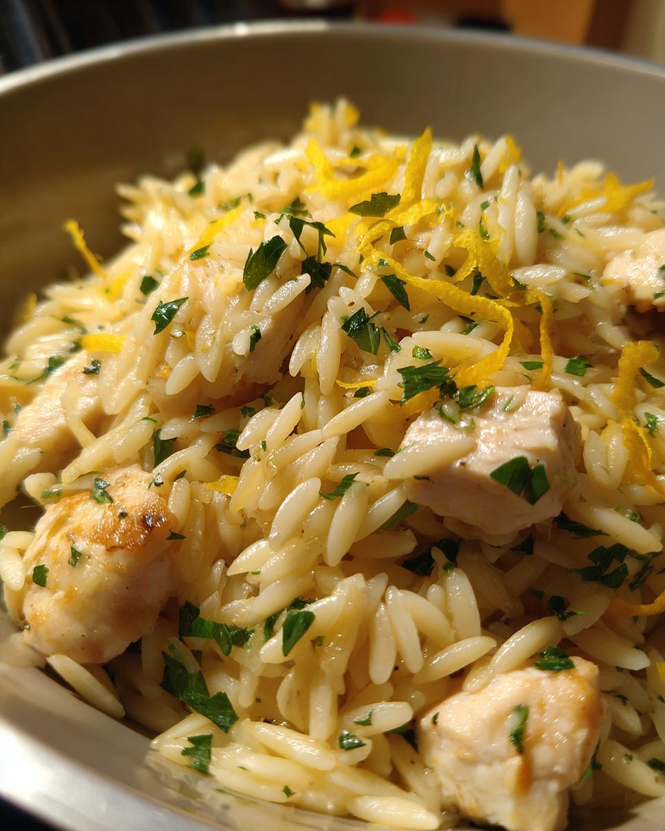 Close-up of a serving of lemon chicken orzo pasta, topped with fresh parsley and bright yellow lemon zest.