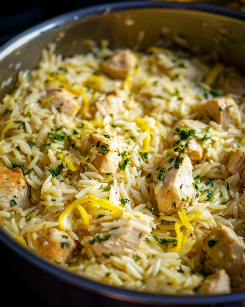 A close-up view of finished lemon chicken orzo pasta mixed with chunks of chicken, lemon zest, and parsley in a cooking pan.