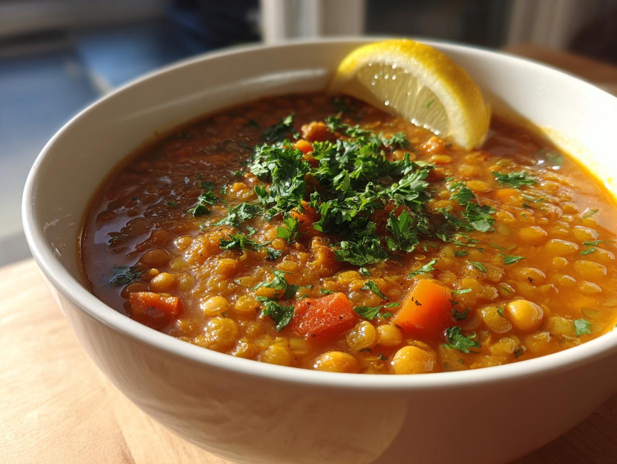 Close-up of a bowl of vibrant lentil chickpea soup, topped with fresh parsley and a lemon wedge.
