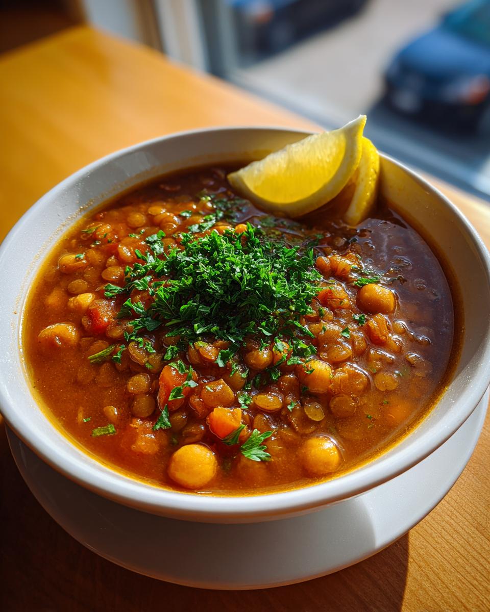 A close-up of a bowl of rich lentil chickpea soup topped with fresh parsley and lemon wedges.