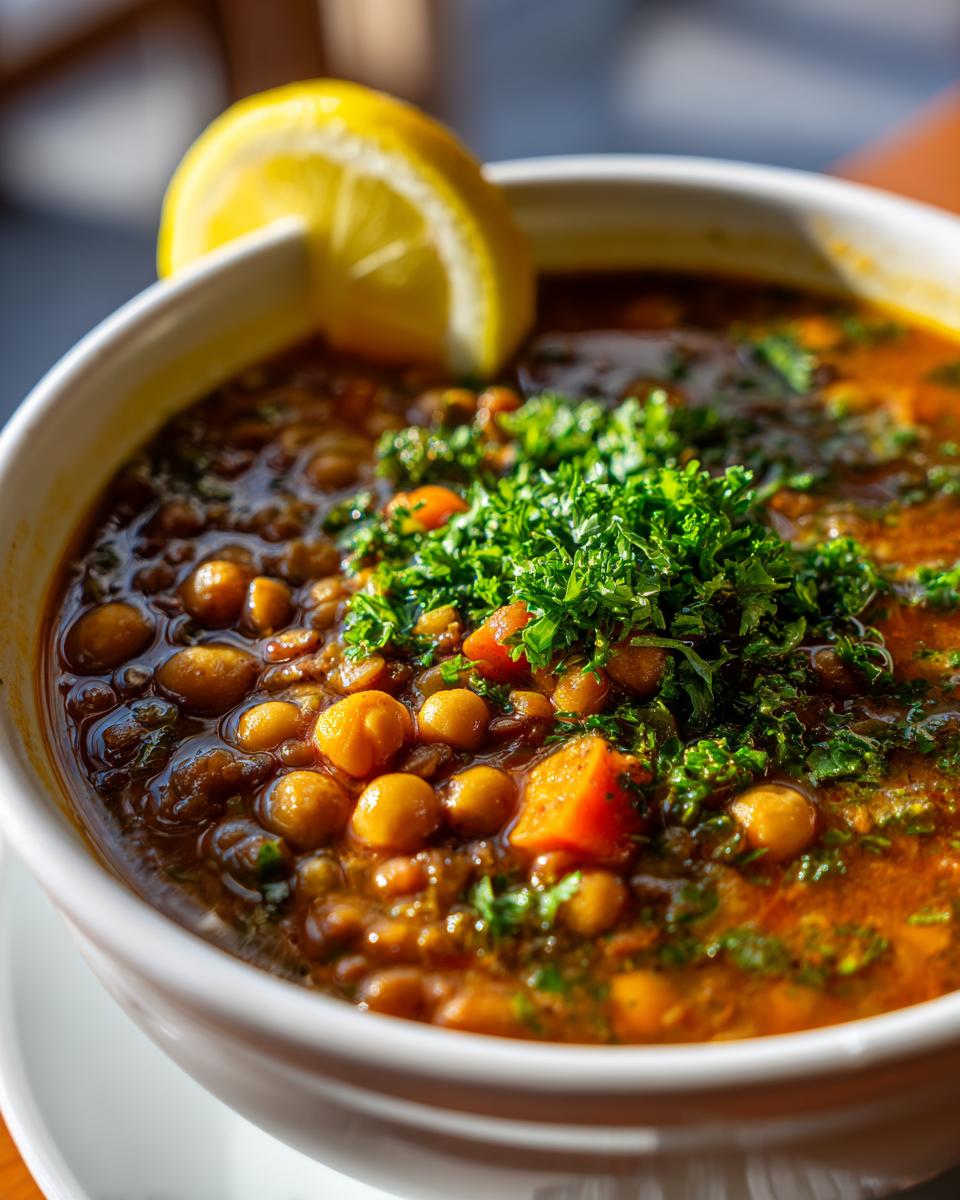 Close-up of a rich lentil chickpea soup topped with fresh parsley and a lemon wedge.
