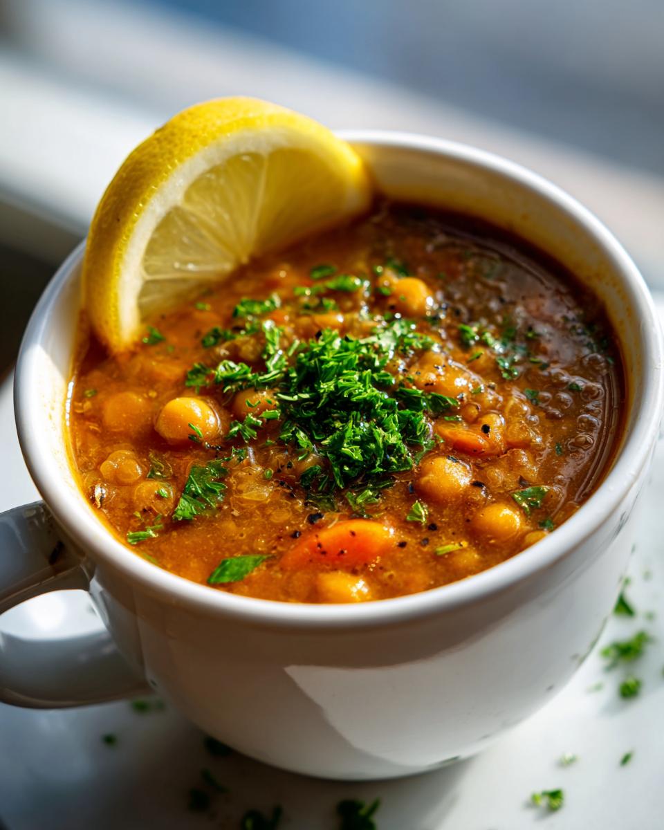 Close-up of a hearty lentil chickpea soup garnished with fresh parsley and a lemon slice.