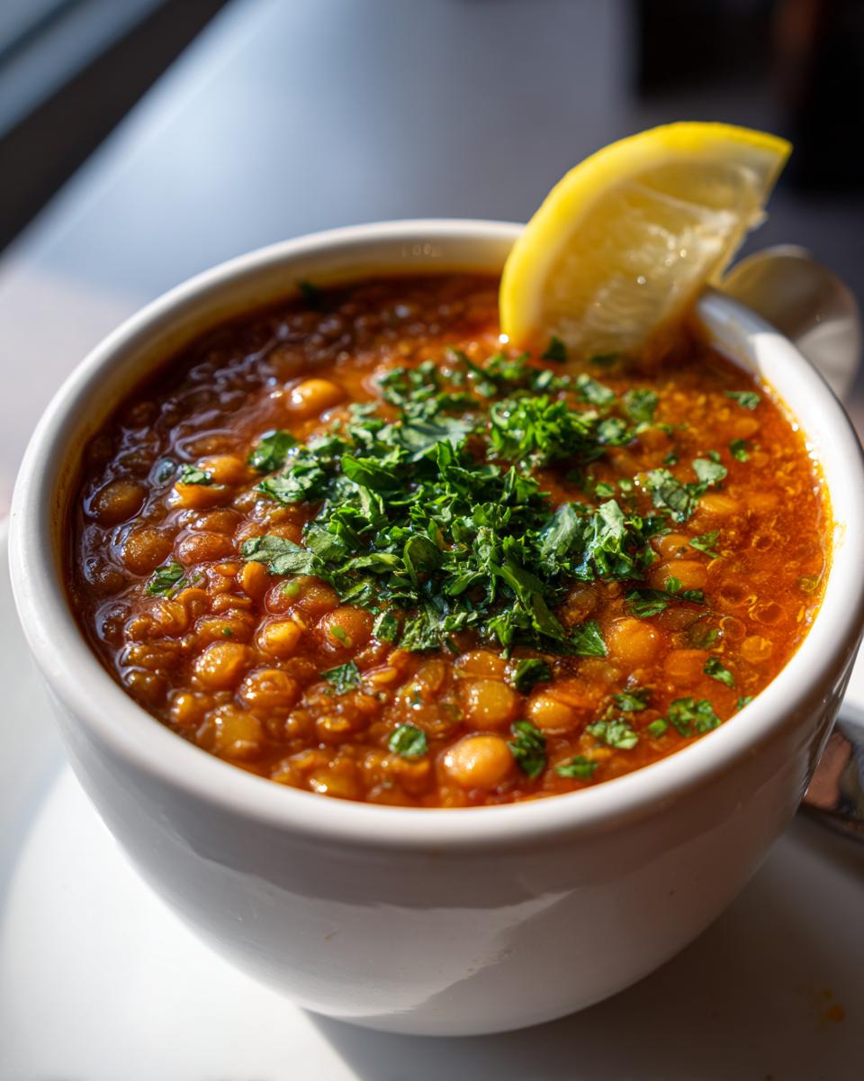 Close-up of a bowl of rich, red lentil chickpea soup topped with fresh parsley and a lemon wedge.