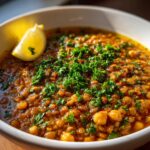 A close-up of rich, savory lentil chickpea soup topped with fresh parsley and a lemon wedge.