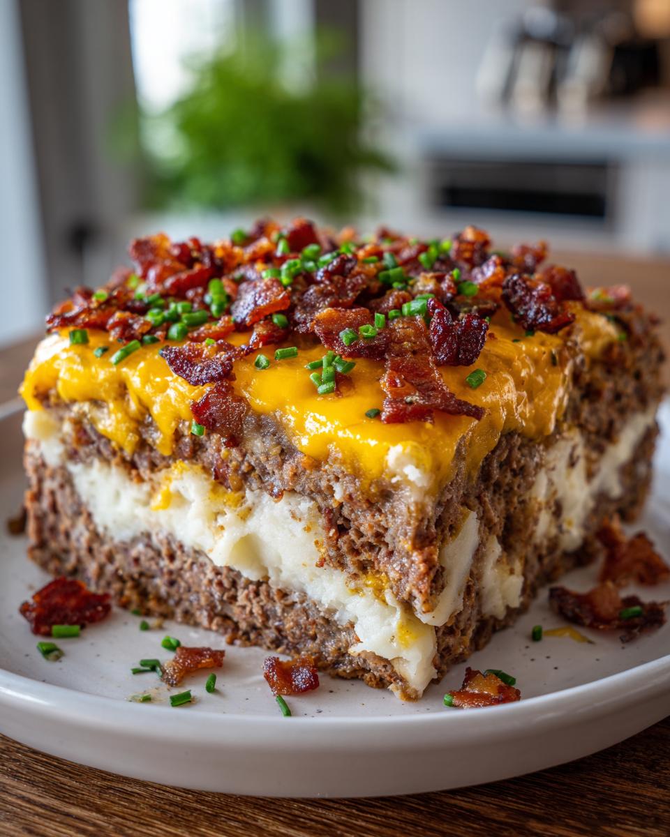 A thick slice of layered meatloaf casserole featuring meat, mashed potatoes, melted cheddar cheese, and bacon crumbles.