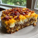 A generous slice of loaded potato and meatloaf casserole topped with melted cheddar cheese and crispy bacon bits.