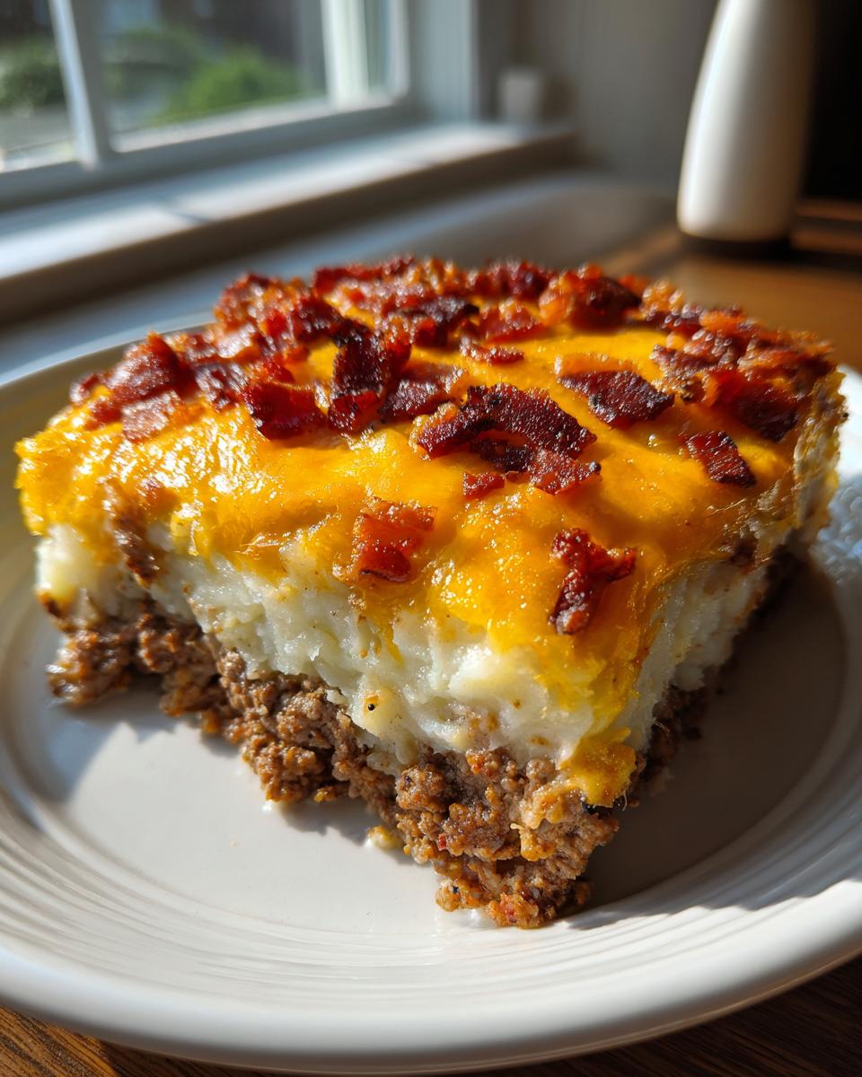 A hearty slice of loaded potato and meatloaf casserole topped with melted cheddar cheese and crispy bacon bits.