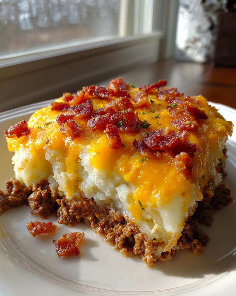 A close-up slice of loaded potato and meatloaf casserole featuring a layer of seasoned ground meat topped with mashed potatoes, melted cheddar cheese, and crispy bacon.
