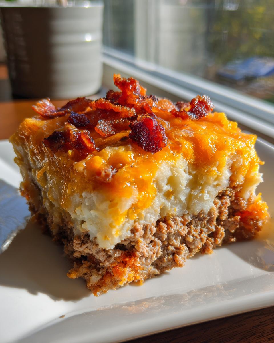 A hearty slice of loaded potato and meatloaf casserole topped with melted cheddar cheese and crispy bacon bits.