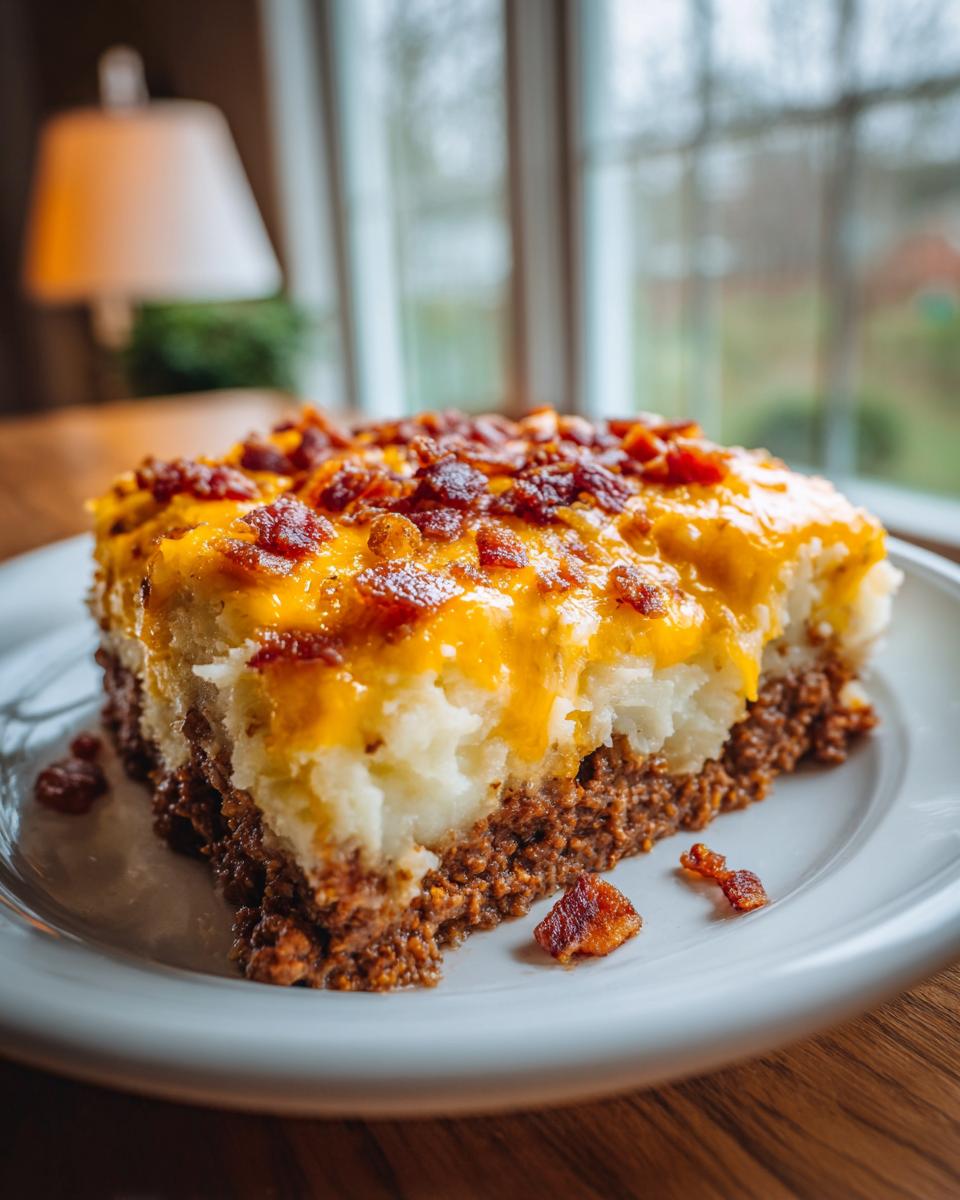 A hearty slice of loaded potato and meatloaf casserole topped with melted cheddar cheese and crispy bacon bits.
