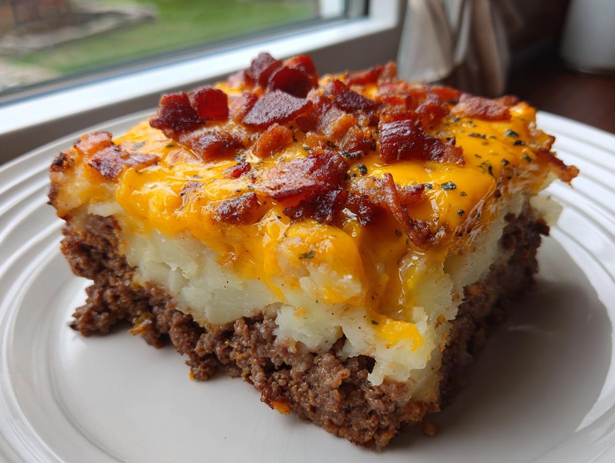 A thick slice of loaded potato and meatloaf casserole featuring a ground meat base, mashed potatoes, melted cheddar cheese, and crispy bacon bits.