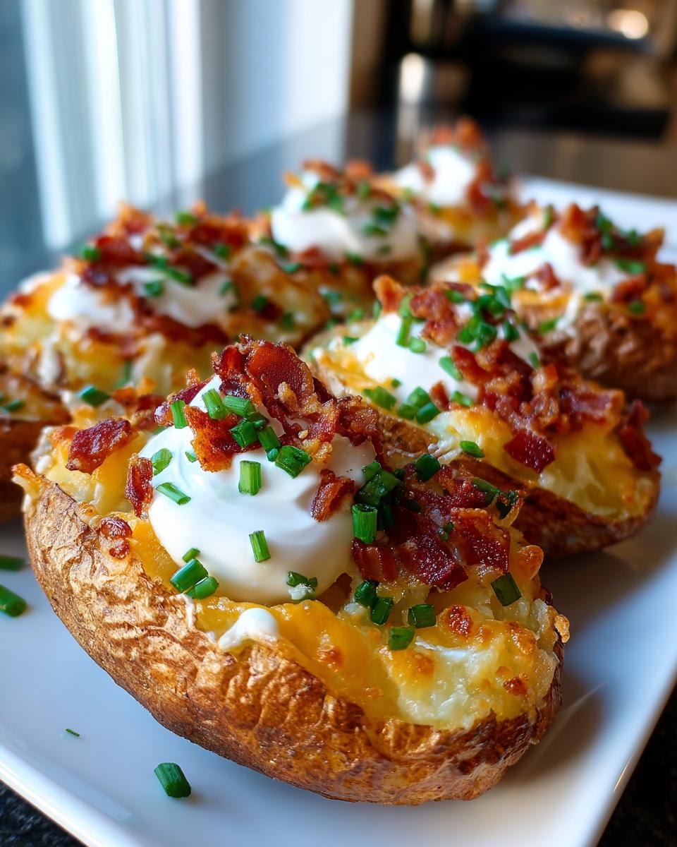 Close-up of several loaded stuffed potato skins topped with melted cheese, sour cream, bacon bits, and fresh chives.