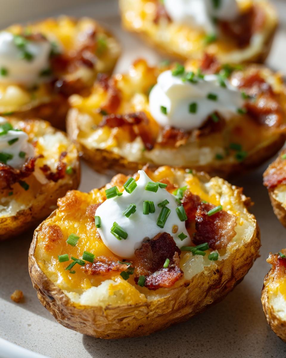 Close-up of perfectly baked stuffed potato skins loaded with melted cheese, bacon bits, sour cream, and fresh chives.