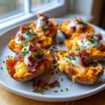 Close-up of several loaded sweet potato skins topped with melted cheese, sour cream, bacon, and chives.