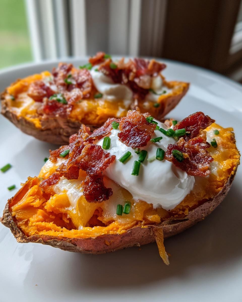 Two loaded sweet potato skins topped with melted cheese, sour cream, crispy bacon, and chives.