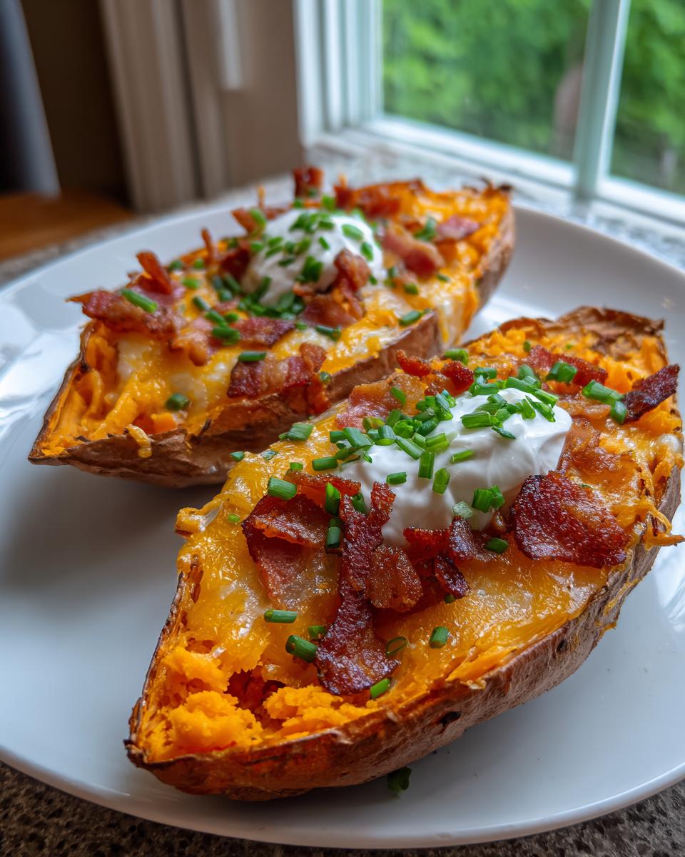 Two loaded sweet potato skins topped with melted cheddar cheese, crispy bacon, sour cream, and fresh chives.