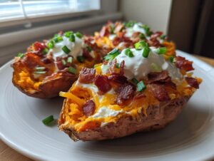 Three loaded sweet potato skins filled with cheese, bacon bits, sour cream, and chives on a white plate.