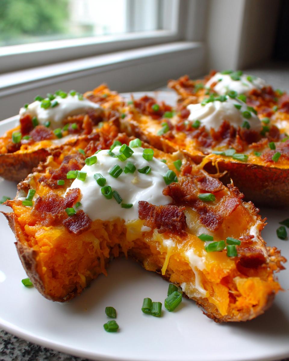 Close-up of loaded sweet potato skins filled with orange flesh, cheese, bacon bits, sour cream, and chopped chives.