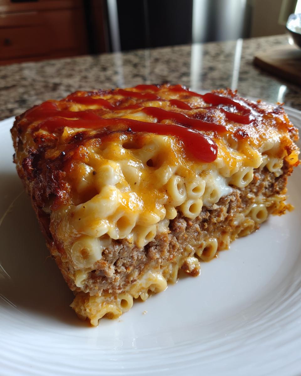 A thick slice of mac and cheese meatloaf casserole featuring layers of meat and cheesy macaroni, topped with melted cheese and ketchup.