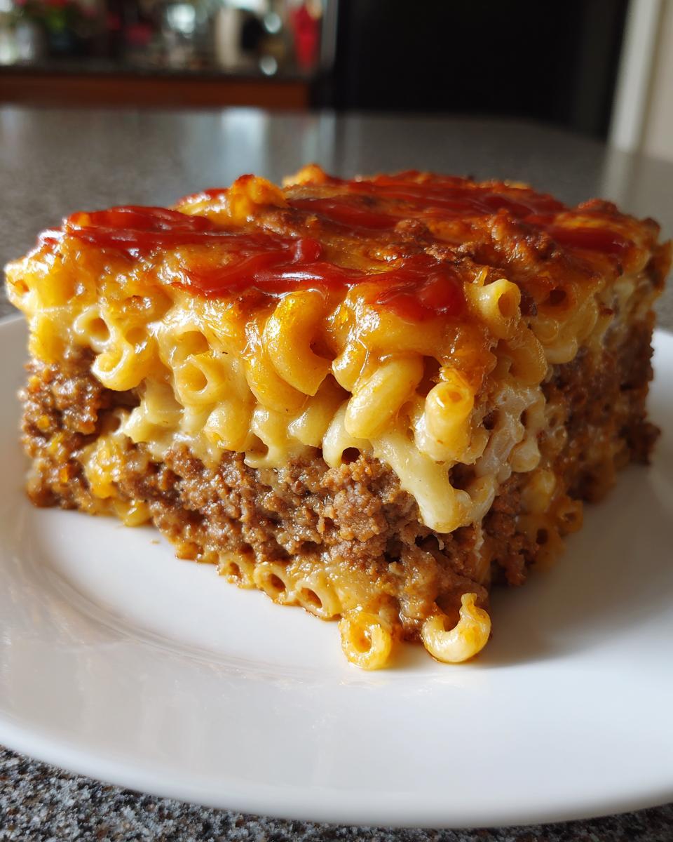 A square slice of mac and cheese meatloaf casserole featuring layers of seasoned ground meat and cheesy macaroni, topped with ketchup.