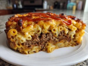 A thick slice of baked mac and cheese meatloaf casserole showing layers of ground meat and cheesy macaroni, topped with ketchup.